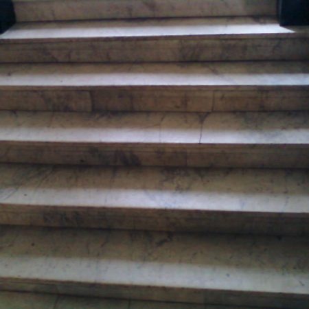 Dingy Staircase. White Carrara Steps and Risers Restoration