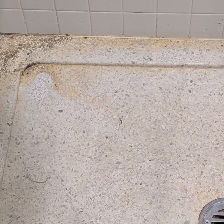 stained terrazzo shower floor image Terrazzo Shower Floor Before Restoration