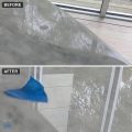 Before and after of a chipped clear coat on a white marble Saarinen table, before on top and after below