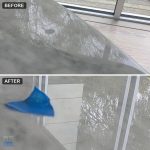 Before and after of a chipped clear coat on a white marble Saarinen table, before on top and after below