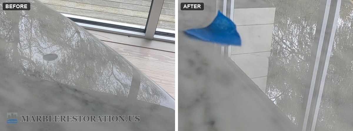 Chipped clear coat on a Saarinen marble table, before and after Before and after of a chipped clear coat on a white marble Saarinen table, side by side