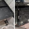 Before and after of a Nero Marquina black marble vanity top, dull gray on the left, polished to a shine on the right
