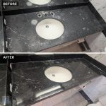 Black marble double sink vanity before and after refinishing, dull above, polished black below