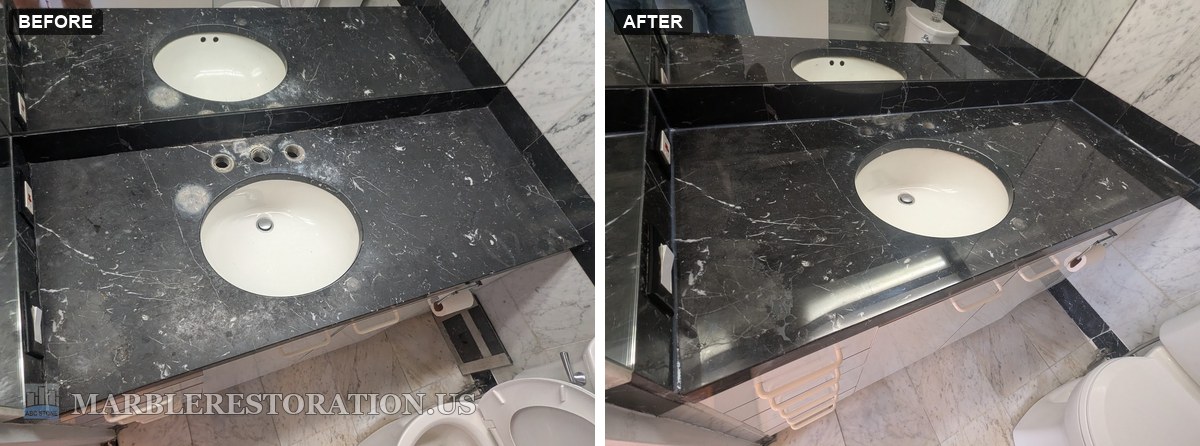 black marble vanity dull gray spots refinished before after Before and after of a Nero Marquina black marble vanity top, dull gray on the left, polished to a shine on the right