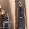 Before and after of a narrow bathroom floor niche, broken blue ceramic tiles at a chrome tub overflow pipe, then new blue tiles set and grouted around it