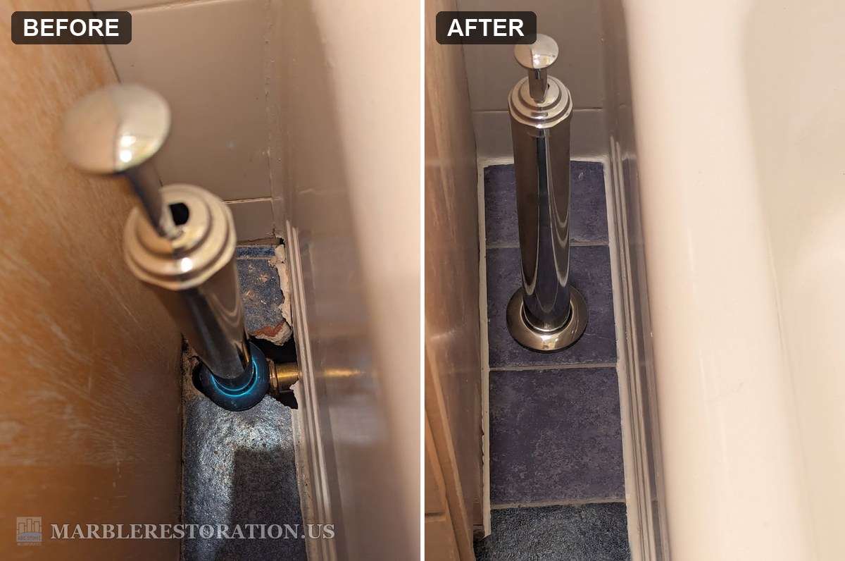 Before and after of a narrow bathroom floor niche, broken blue ceramic tiles at a chrome tub overflow pipe, then new blue tiles set and grouted around it