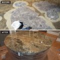 Before and after of a round Emperador Dark marble table with a peeling resin coating, re-coated