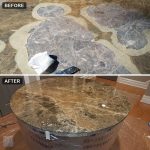 Before and after of a round Emperador Dark marble table with a peeling resin coating, re-coated