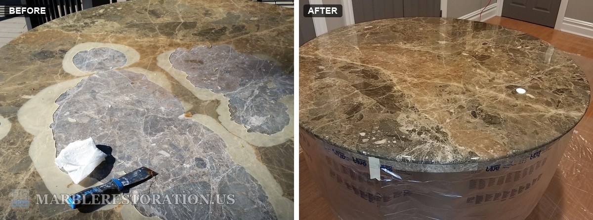 Peeling resin coating on an Emperador marble table, before and after re-coating Emperador Dark marble table top with a peeling resin coating partly scraped off, next to the same top after a new clear coat