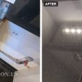 Before and after of a granite countertop side at a stove gap, the side before the cut, then after, with the new edge ground smooth