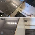 Granite countertop side at a stove gap, before the cut on top, after the cut below