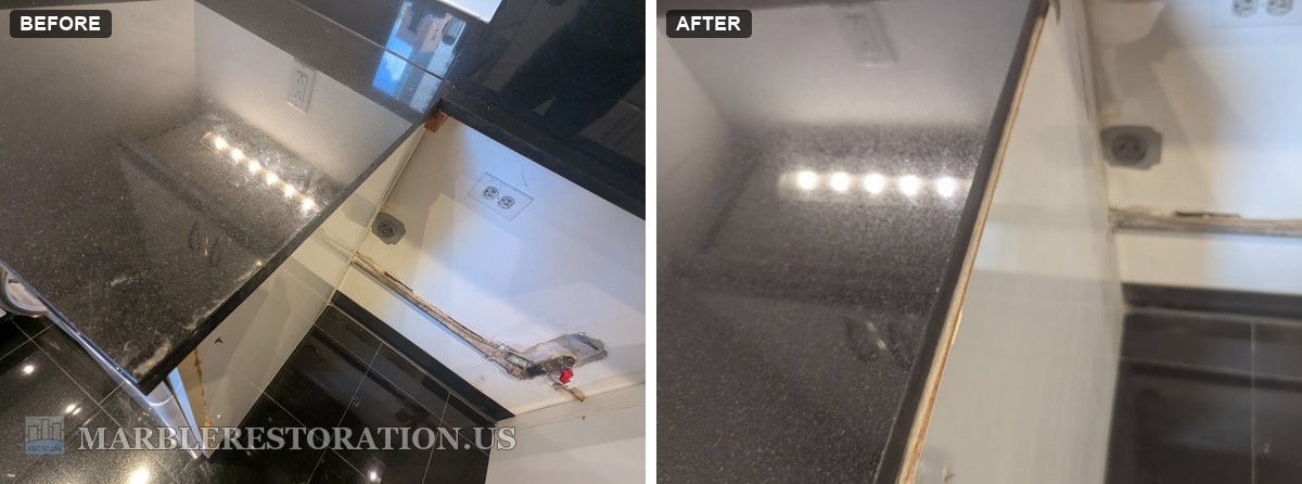 Granite countertop cut to fit a 30 inch stove, before and after Before and after of a granite countertop side at a stove gap, the side before the cut, then after, with the new edge ground smooth
