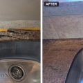 Before and after of a granite kitchen countertop behind an undermount sink, an open crack along the back strip, then the strip repaired