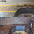 Before and after of a granite kitchen countertop with a rusted rod crack behind the sink, repaired