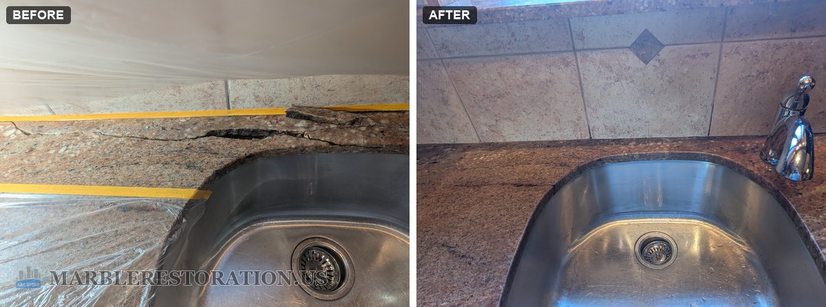 granite kitchen countertop rusted rod crack repaired before after Before and after of a granite kitchen countertop behind an undermount sink, an open crack along the back strip, then the strip repaired