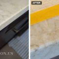 Before and after of a leathered quartzite countertop edge, a small flaked off chip, then the same edge with the chip filled