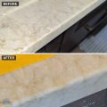 Leathered quartzite countertop edge, the chip before the repair on top, the filled edge below