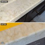 Leathered quartzite countertop edge, the chip before the repair on top, the filled edge below