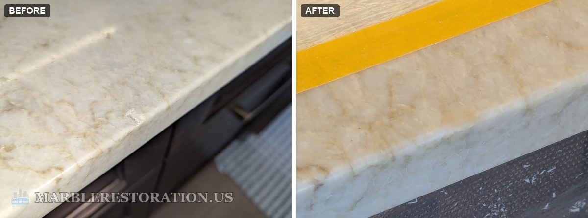 leathered quartzite countertop edge chip filled before after Before and after of a leathered quartzite countertop edge, a small flaked off chip, then the same edge with the chip filled