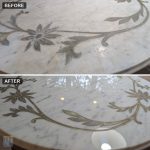 Marble table top with gold painted flowers, dull before and polished after, stacked