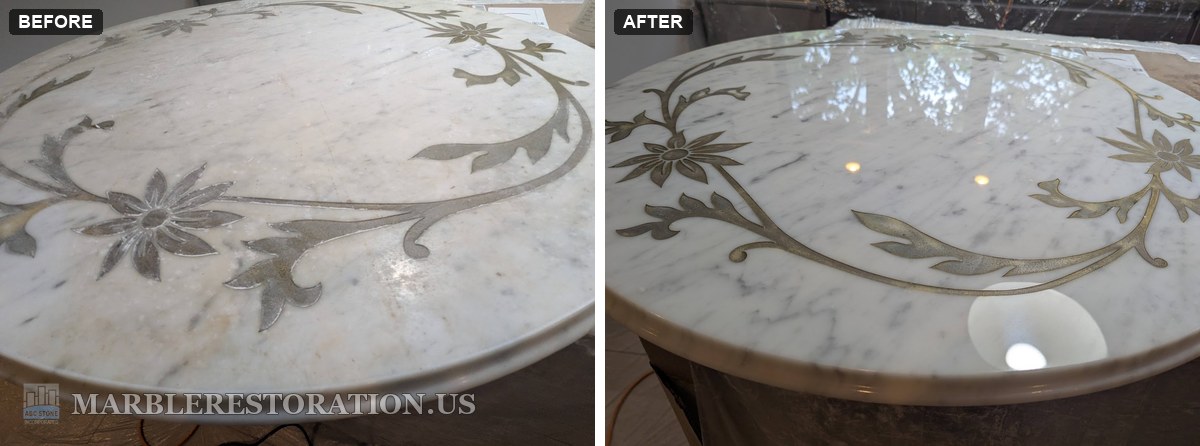 marble coffee table gold painted flowers polished before after White Carrara marble coffee table top with gold painted flowers, dull and etched, next to the same top polished and reflecting the light