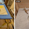 Before and after of a Carrara marble vanity top, the faucet hole layout on tape, then two square mortises and a drain plug stanchion hole