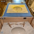 Before and after of a Carrara marble vanity top, before on top and after below