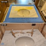 Before and after of a Carrara marble vanity top, before on top and after below