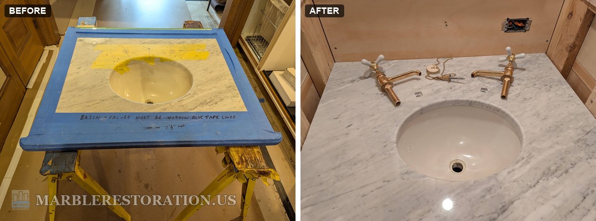 Before and after of a Carrara marble vanity top, the faucet hole layout on tape, then two square mortises and a drain plug stanchion hole