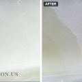Before and after of a scratched onyx furniture base, the scratched area on the left, the sanded and polished surface on the right.