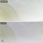Scratched onyx furniture base before and after sanding and polishing, before on top and after below.