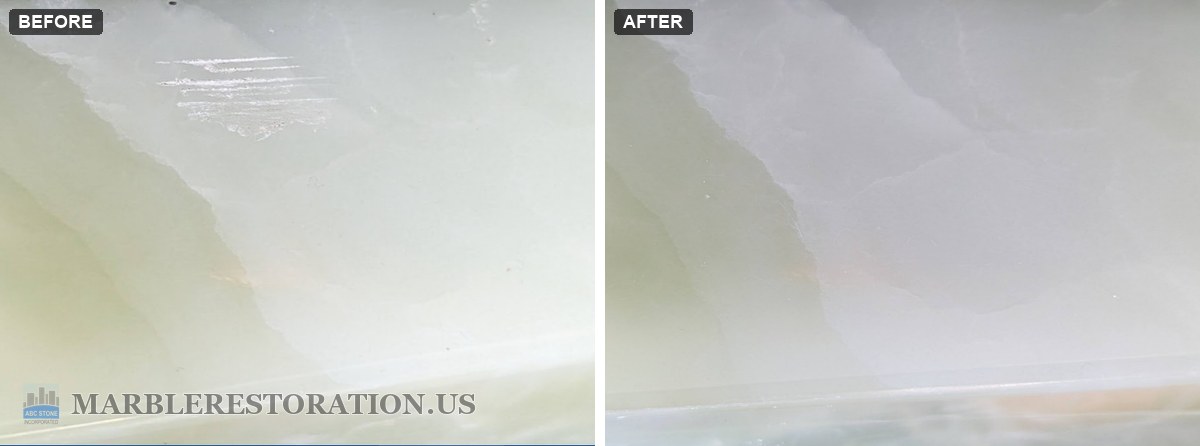 Onyx furniture base scratches removed, before and after Before and after of a scratched onyx furniture base, the scratched area on the left, the sanded and polished surface on the right.