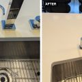 Before and after of a white quartz countertop at a sink, the spot taped and marked on the left, the installed water filter faucet on the right