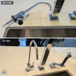 Before and after of a quartz countertop drilled for a water filter faucet, marked spot above, finished faucet below