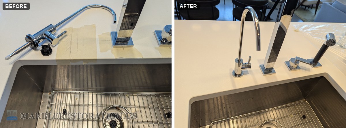 quartz countertop water filter faucet hole drilled before after Before and after of a white quartz countertop at a sink, the spot taped and marked on the left, the installed water filter faucet on the right