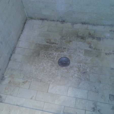 Grime on Tiles and Mildew. Shower Floor & Walls