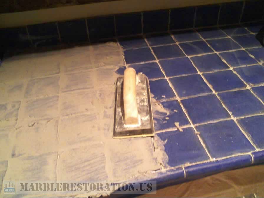 Blue Tiles On Kitchen Countertop Regrouting Service