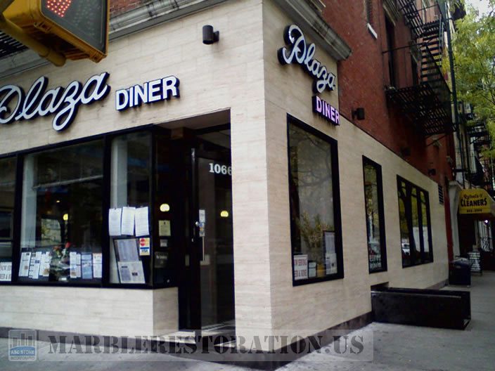 Cleaned & Polished Travertine Tiles on Diner Plaza