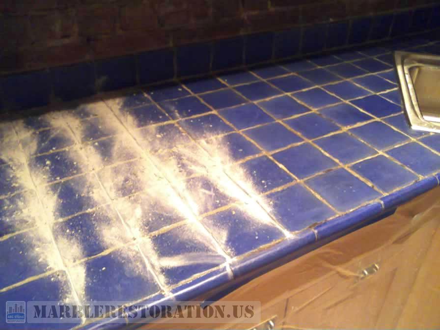 Blue Tiled Counter Old Grout Removal