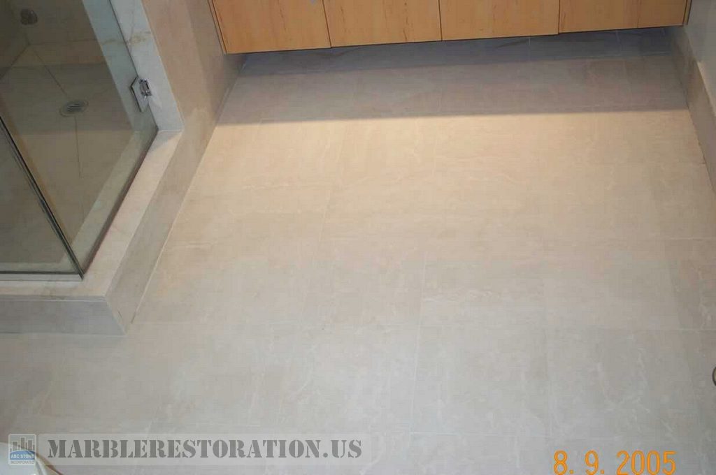Tiled Bathroom Floor with Bone Grout Color