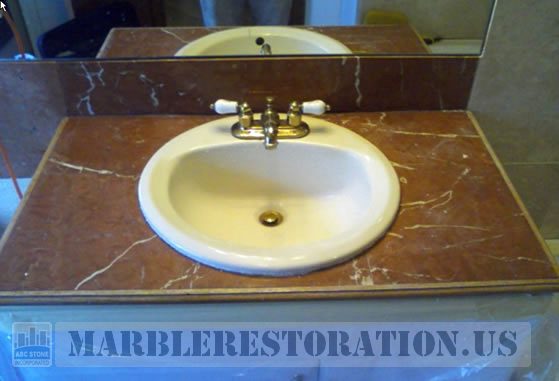 Tiled Bathroom Vanity Before the Repair. Rojo Alicante