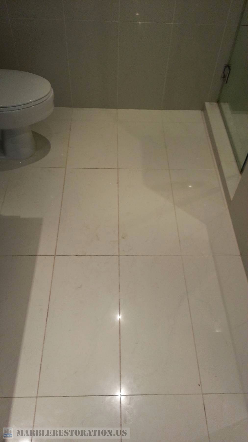 Beige Porcelain Bathroom Floor Before Regrouting