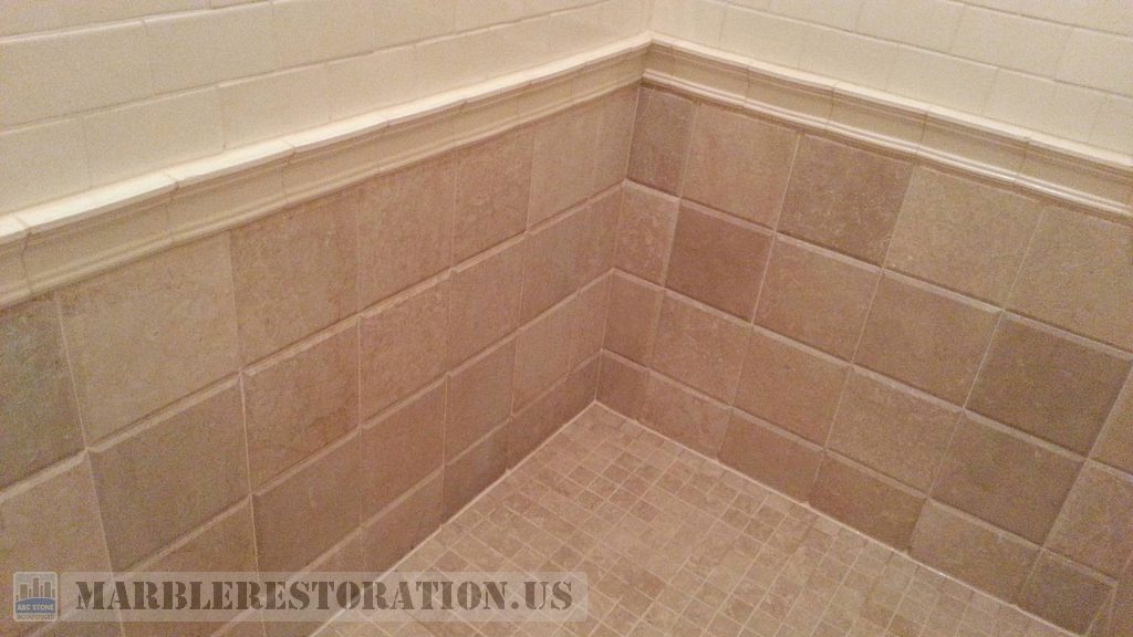 Beveled Travertine And Ceramic Trim on Shower Walls Restoration