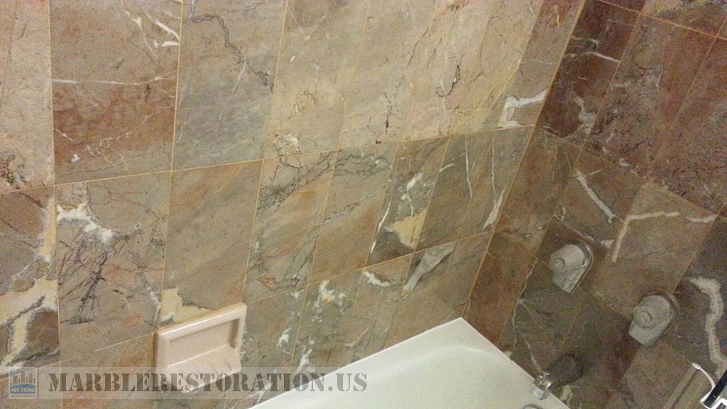 Brownish Yellow Beige Marble Walls Above Bathtub Restoration