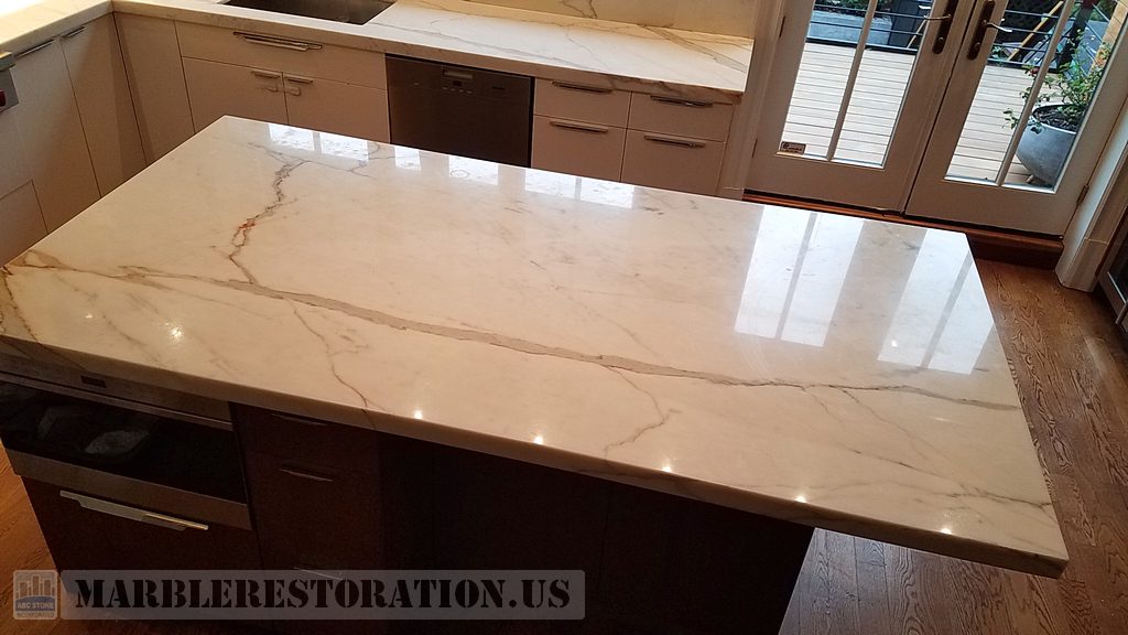 Calacata Gold Kitchen Island Before Honing