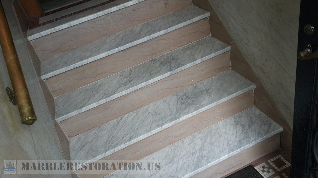 New White Carrara Marble Steps Fitting Installation