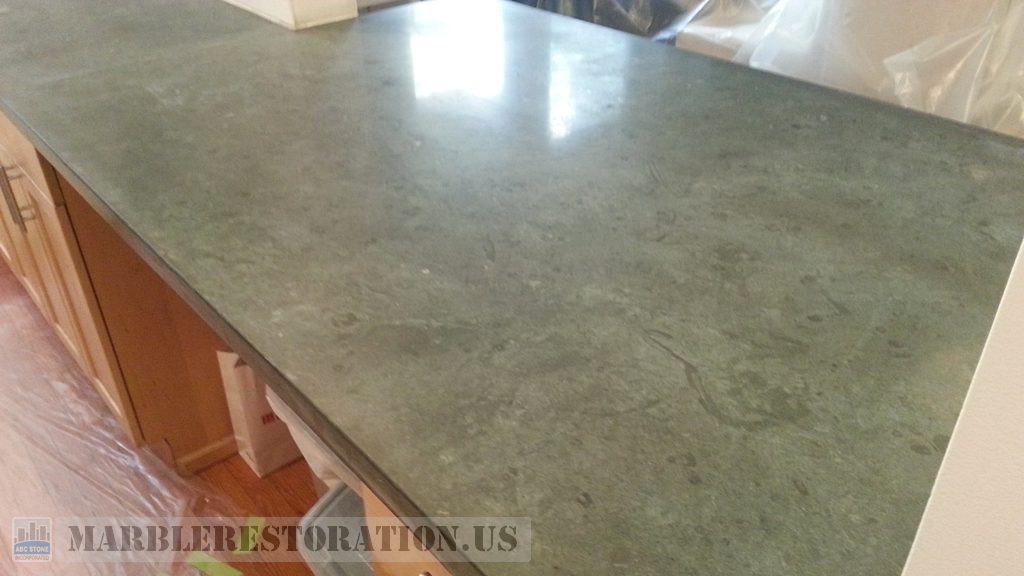 Severely Etched Limestone Countertop After Refinishing