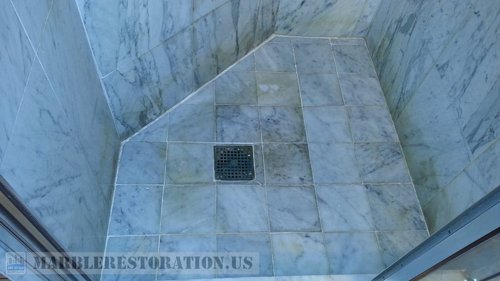 Stains and Efflorescence on Shower Floor before Restoration