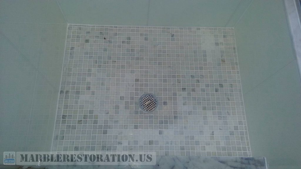 White Mosaic Shower Floor After Restoration